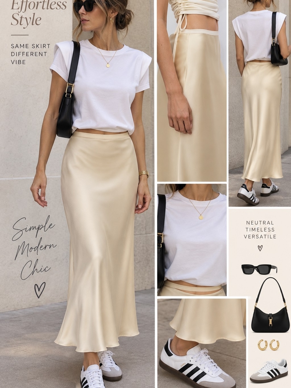 Satin Bias Midi Skirt in Champagne - Women's Elegant Slip Skirt